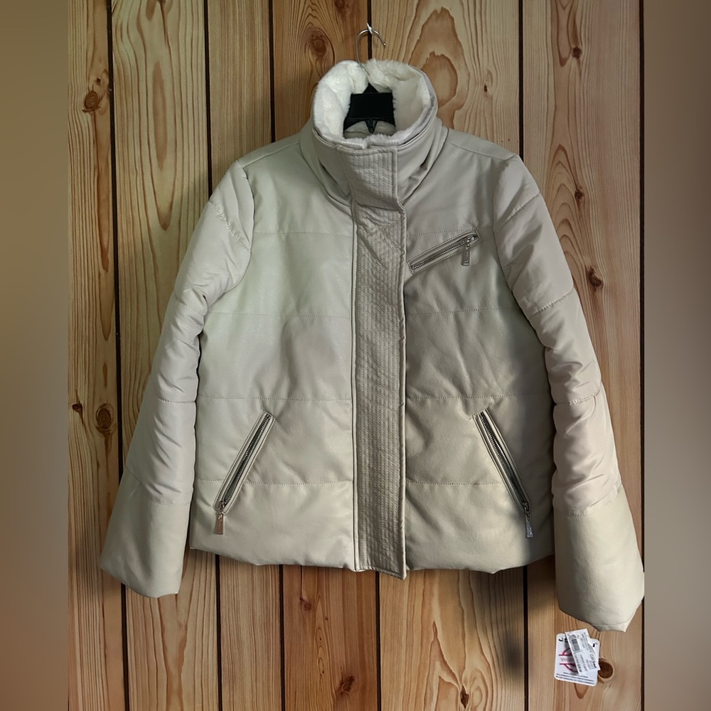 Jou Jou New Jacket Women’s L Off White Vegan Leather Full Zipper Pockets Collar